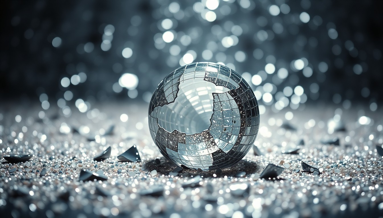 An abstract close-up photograph featuring a dramatic, high-contrast composition of shimmering sequins and shattered glass, conceptually representing the glamour and longevity of the iconic Hollywood couple's relationship.