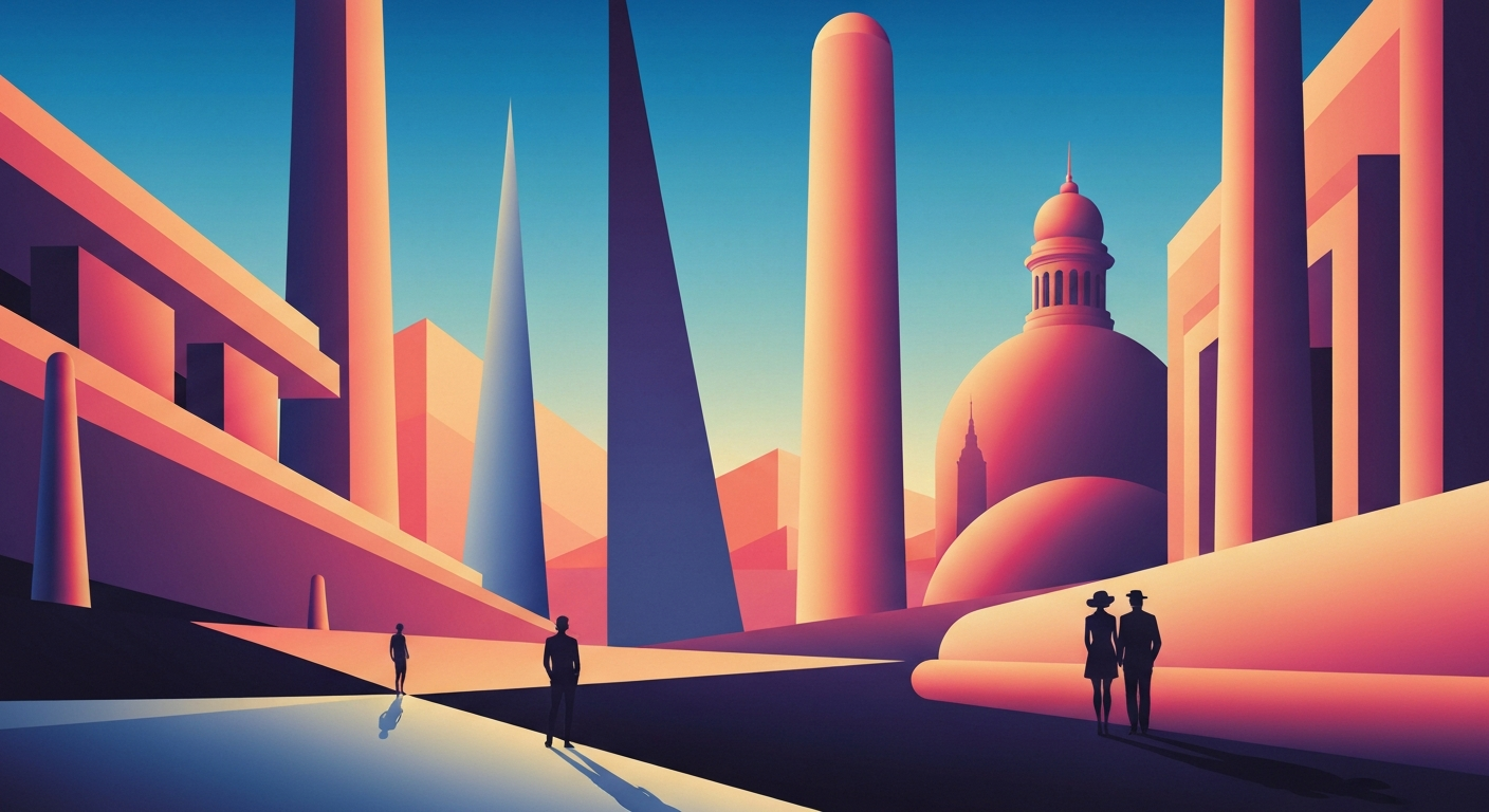 A bold, geometric illustration in the Art Deco style, featuring sweeping gradients and towering architectural forms that evoke the grand scale and romance of air travel, without depicting any literal people, text, or identifiable elements.
