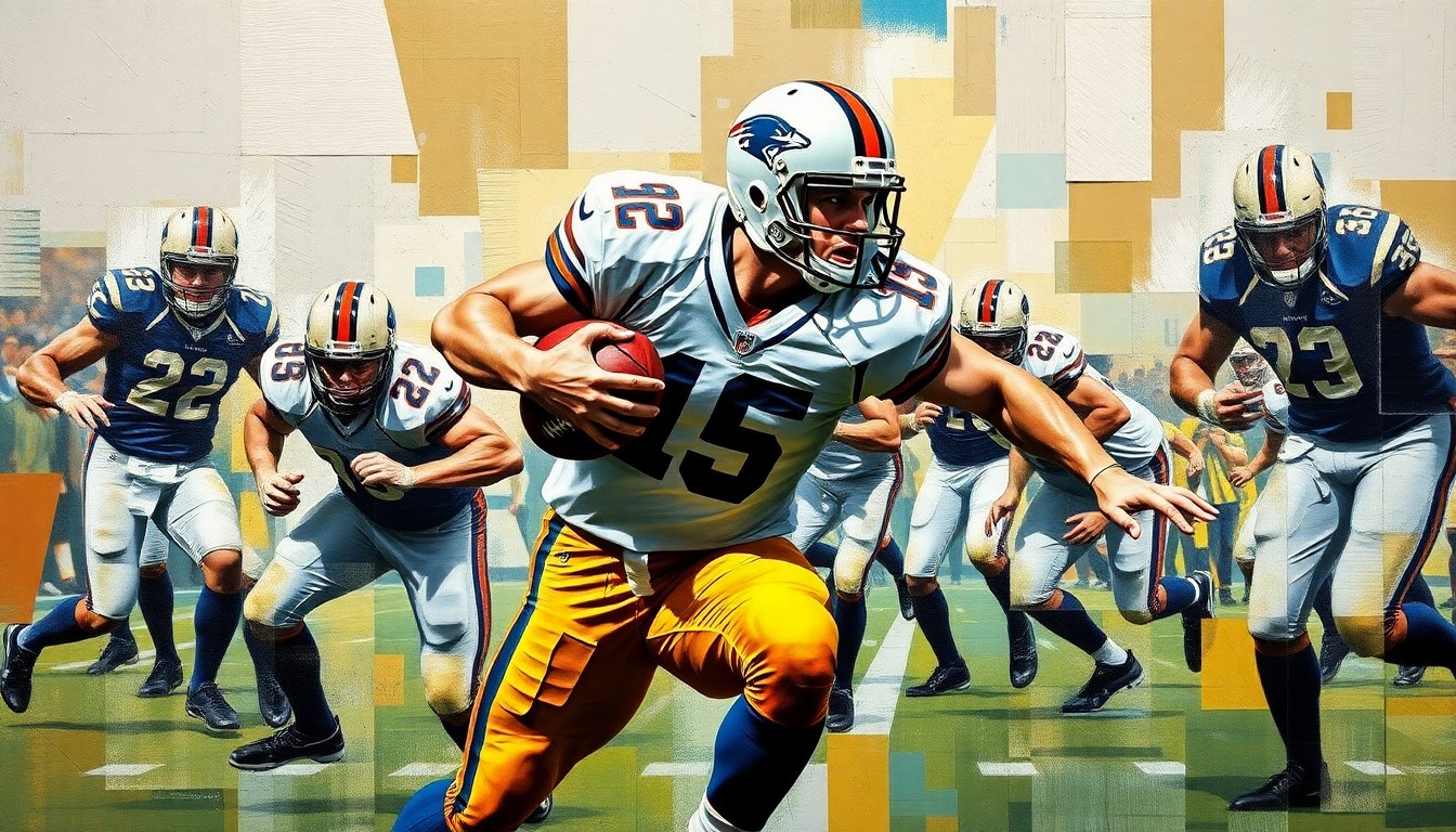 A fragmented, geometric painting depicting a football player in the midst of a pass rush, with sharp, angular shapes and planes representing the player's movement and the chaos of the play.