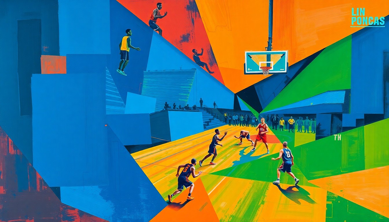 A fractured, geometric painting in vibrant colors depicting a basketball court and players, with the action broken down into sharp, overlapping planes, conceptually representing the Thunder's sustained excellence and dominance.