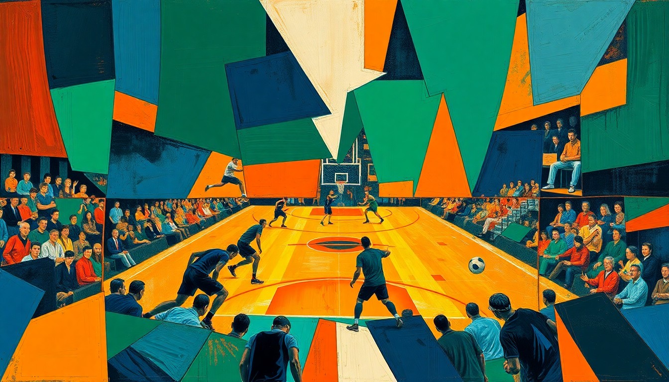 A cubist-style painting featuring overlapping geometric shapes and planes in shades of navy, green, and orange, conceptually representing the complex and fragmented nature of the growing speculation around the relationship between an NFL coach and a sports reporter.