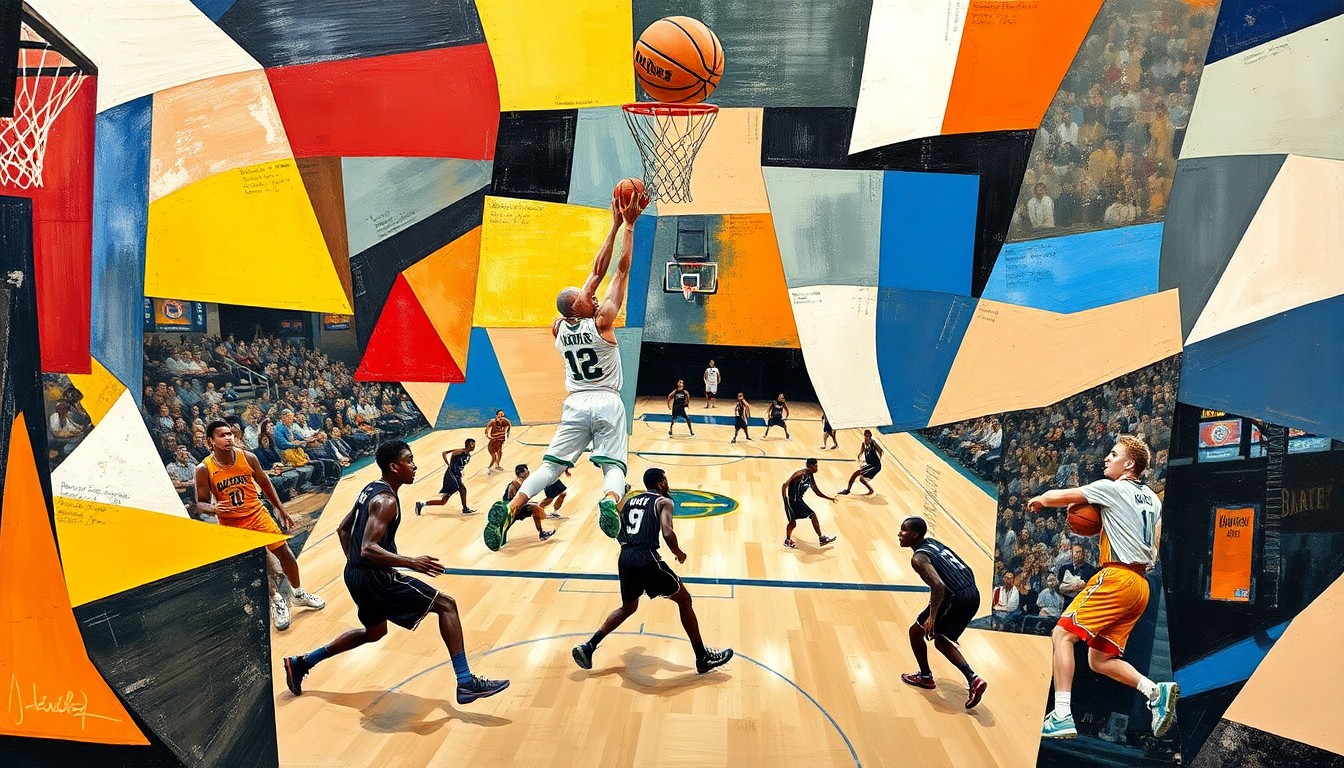 A cubist, geometric painting depicting the abstract forms and movements of a college basketball game, with no recognizable players or teams.