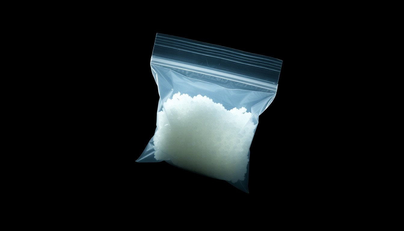 An extreme close-up photograph of a small plastic bag containing a white crystalline substance, lit by a harsh, direct camera flash against a pitch-black background, conceptually representing the evidence seized in a drug bust investigation.