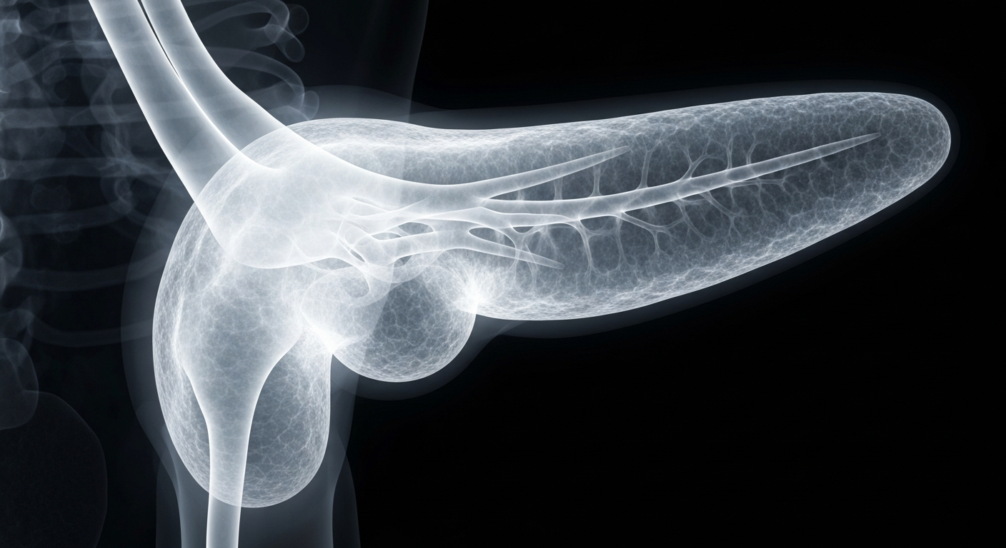 A ghostly, translucent X-ray image revealing the intricate internal structure of the human pancreas, conveying the delicate and vital nature of this organ.