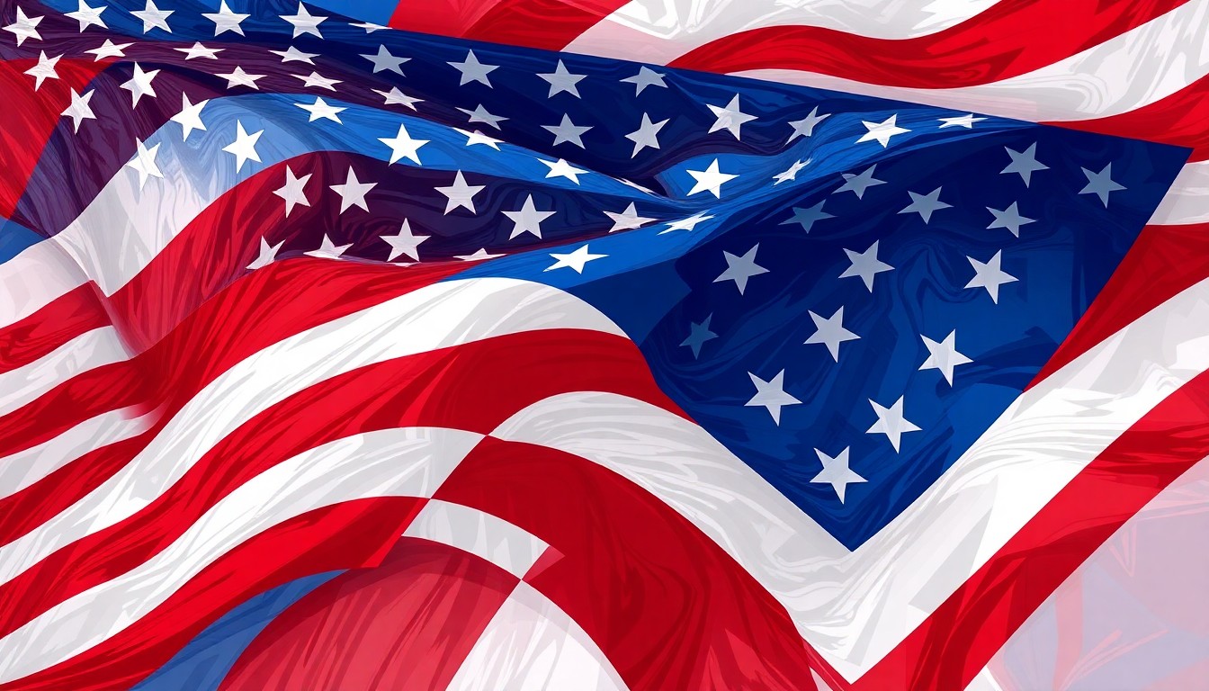 A heavily textured, fragmented painting of an American flag in bold, overlapping brushstrokes of red, white, and blue, conveying a sense of political turmoil and instability.