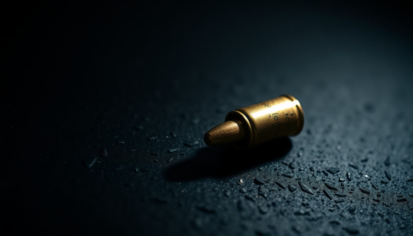 An extreme close-up photograph of a single spent bullet casing on a dark, textured surface, lit by a harsh, direct camera flash, conceptually representing the aftermath of a shooting incident.
