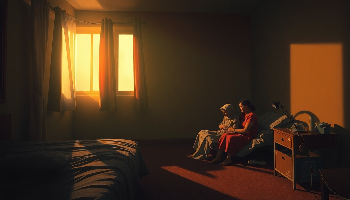 A softly lit, cinematic painting of a hotel room interior, with a refugee family's belongings scattered around, conveying a sense of solitude and uncertainty as they face the loss of their SNAP food benefits.