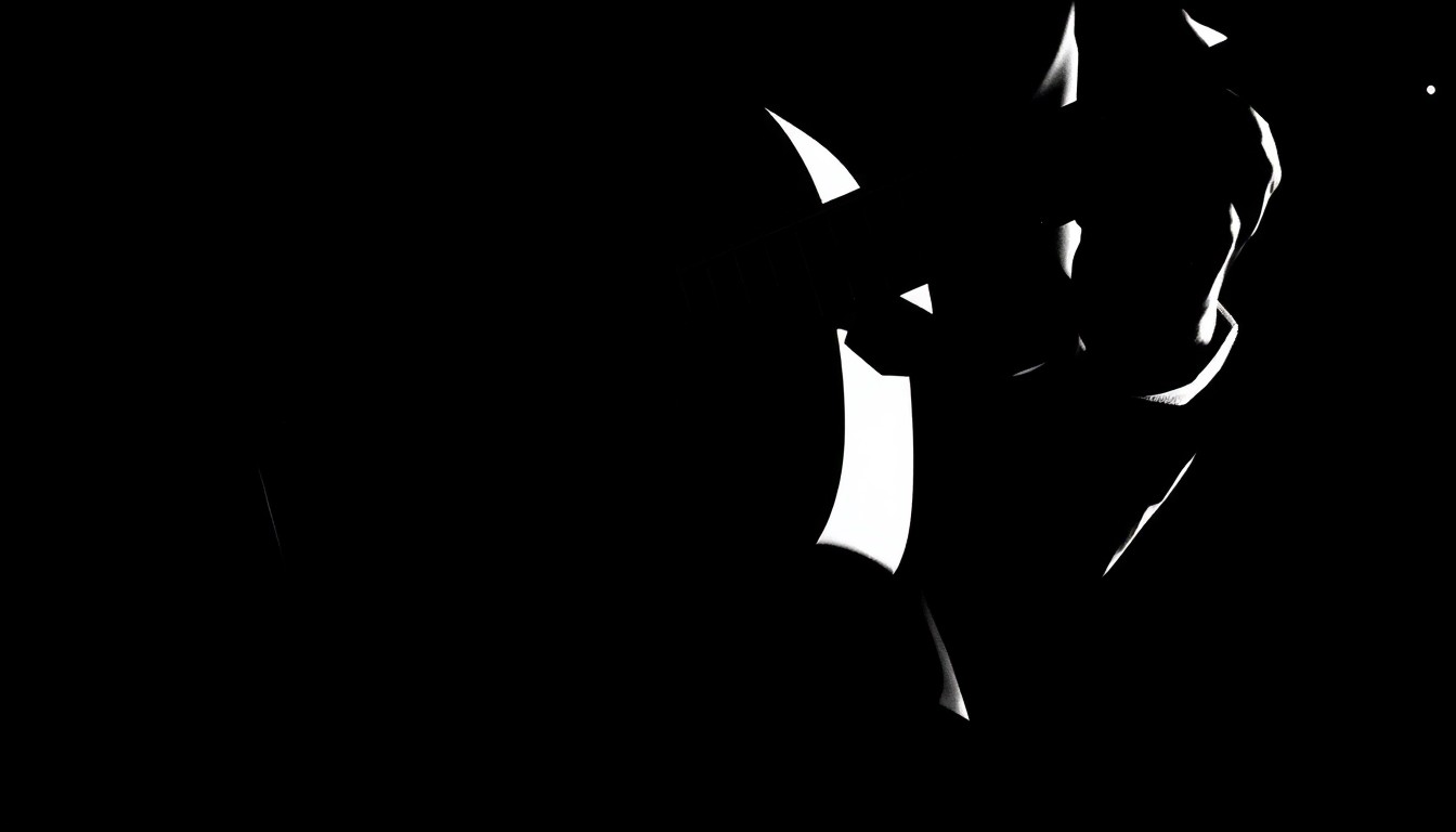 A dramatic black and white illustration depicting the silhouette of a classical guitarist's hands playing an instrument, using bold, angular shapes to capture the energy and artistry of the performance.