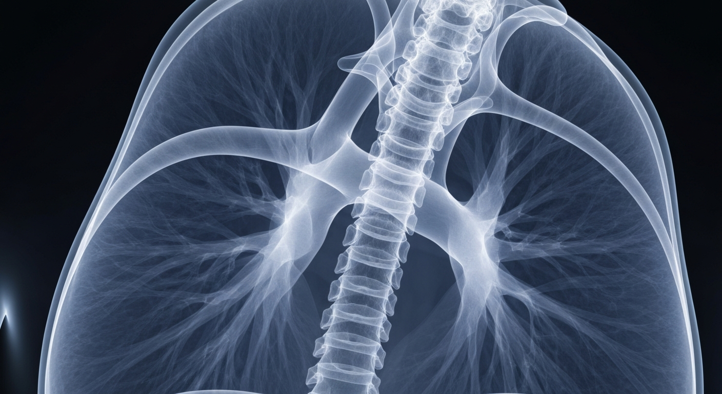 A ghostly, translucent X-ray image revealing the intricate structures of the human respiratory system, conceptually illustrating the internal impacts of seasonal illnesses.