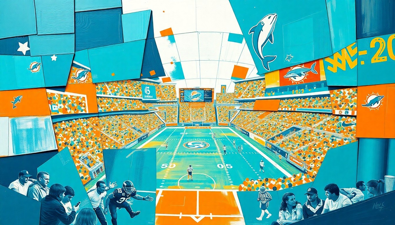 A fragmented, cubist-style painting depicting a football game or match, with the players and field broken down into sharp, overlapping planes of aqua blue, orange, and white, representing the Miami Dolphins' new-look offense.