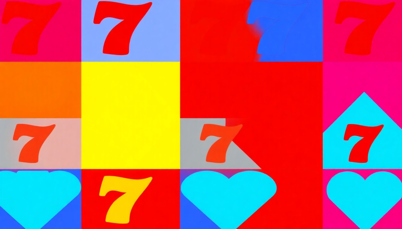 A grid of brightly colored, high-contrast silkscreen slot machine symbols in neon shades of red, blue, and yellow, conceptually representing the thrill and visual appeal of the best online slots for real money.