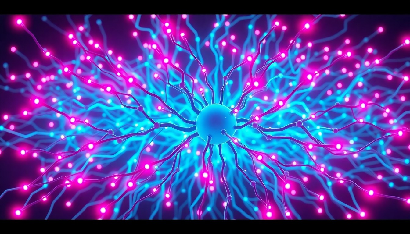 A highly detailed, glowing 3D illustration of a complex AI neural network, with pulsing neon cyan and magenta lights representing the flow of data and information. The network appears both futuristic and grounded in physical reality, conveying the power and potential of AI technology.