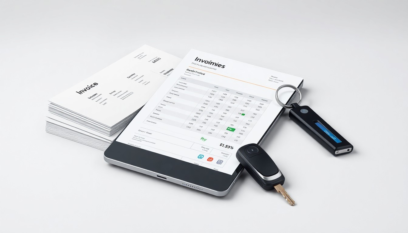 A high-end, photorealistic studio still-life photograph featuring a stack of neatly organized delivery invoices, a tablet displaying sales data, and a sleek, modern delivery van key on a clean, monochromatic background, conceptually representing the data-driven solutions and streamlined logistics that GPOPlus+ offers to its retail partners.