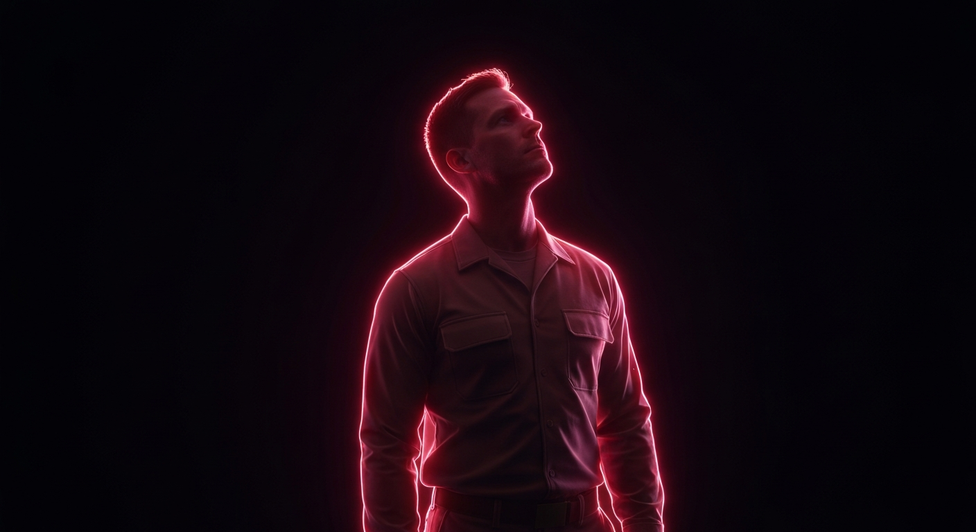 A minimalist design in the style of Keith Haring where the outline of a veteran's silhouette is defined entirely by vibrant neon lines against a dark background, conceptually representing the mental health challenges they face.