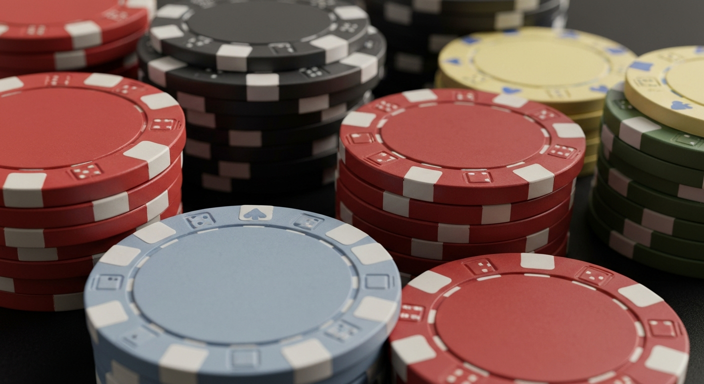 An extreme close-up of stacks of casino chips in various denominations, dramatically lit to emphasize the physical weight and texture of the gaming tokens, conceptually representing the growth of risk-free online casino promotions.