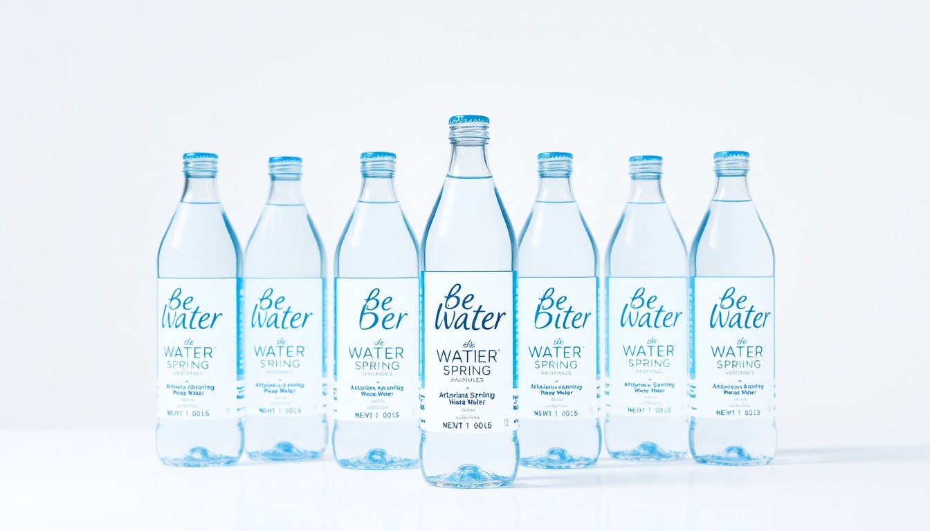 A clean, minimalist studio photograph featuring an arrangement of six glass bottles of Be Water™ artesian spring water on a plain white background, with dramatic lighting and deep shadows to represent the premium quality and accessibility of this hydration product.