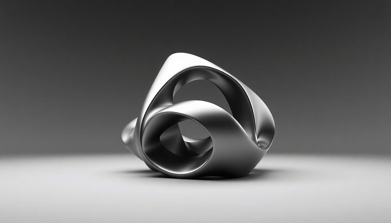 A highly detailed, photorealistic studio still-life image featuring a polished, geometric metal sculpture in a sleek, monochromatic gray color palette, symbolizing the advanced manufacturing capabilities and innovative materials that have fueled Tiderock Companies' growth.