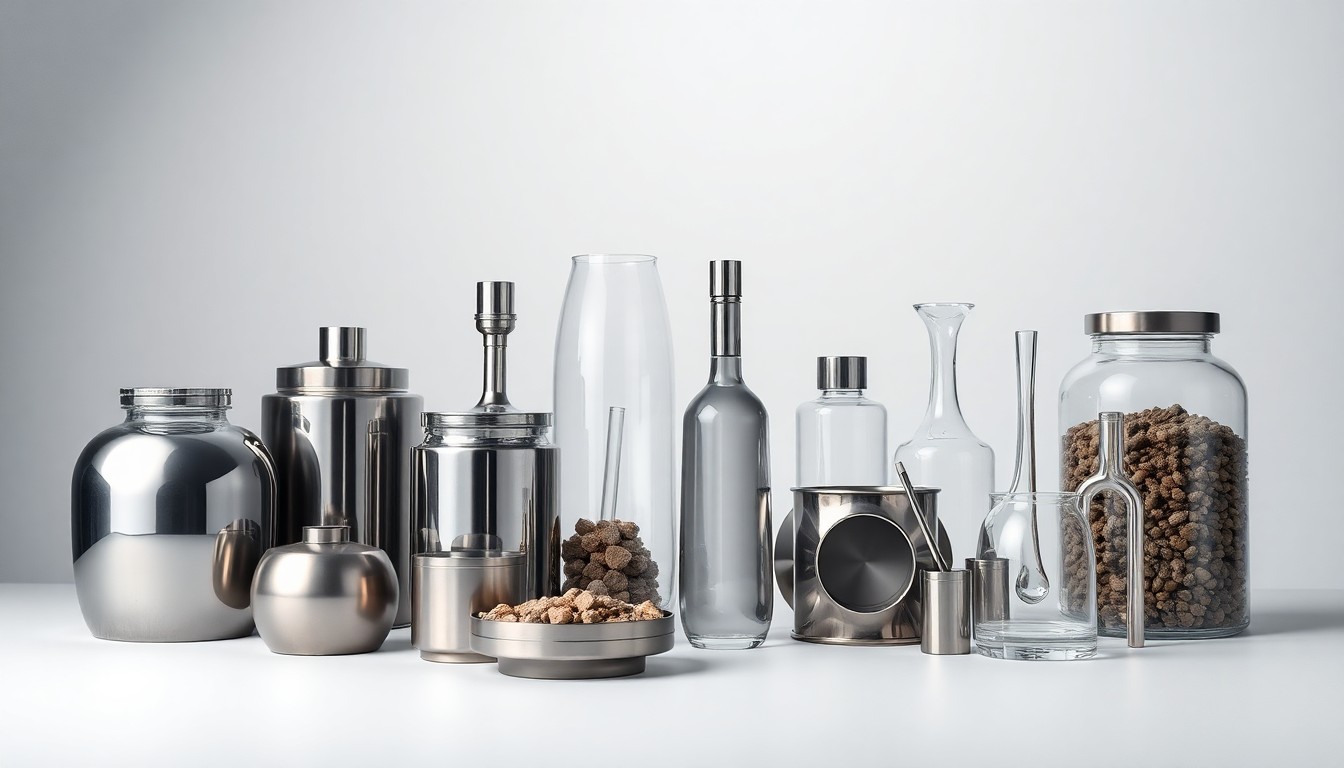A high-end, photorealistic studio still-life photograph featuring a collection of polished metal and glass objects arranged elegantly on a clean, monochromatic seamless background, conceptually representing AGRI-DYNAMICS' diverse business activities.