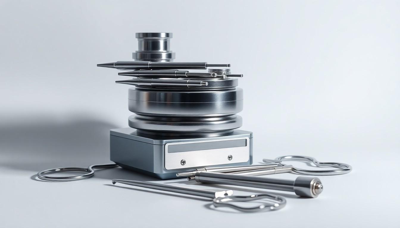 A high-end, photorealistic studio still-life featuring a stack of polished metal medical devices and surgical tools arranged elegantly on a clean, monochromatic background, conceptually representing the precision and innovation of Cardiff Lexington's healthcare platforms.