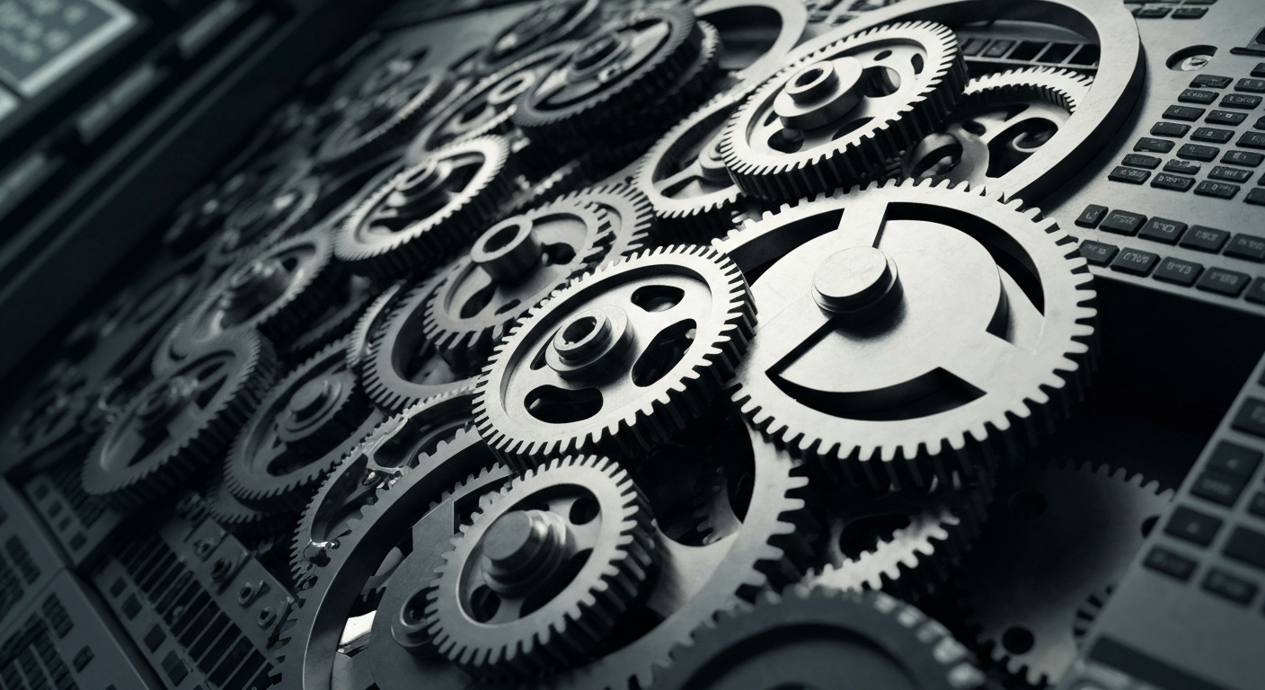 An extreme close-up of the intricate gears and mechanisms of a Wall Street trading floor computer system, conveying the complex, powerful infrastructure that powers global finance.