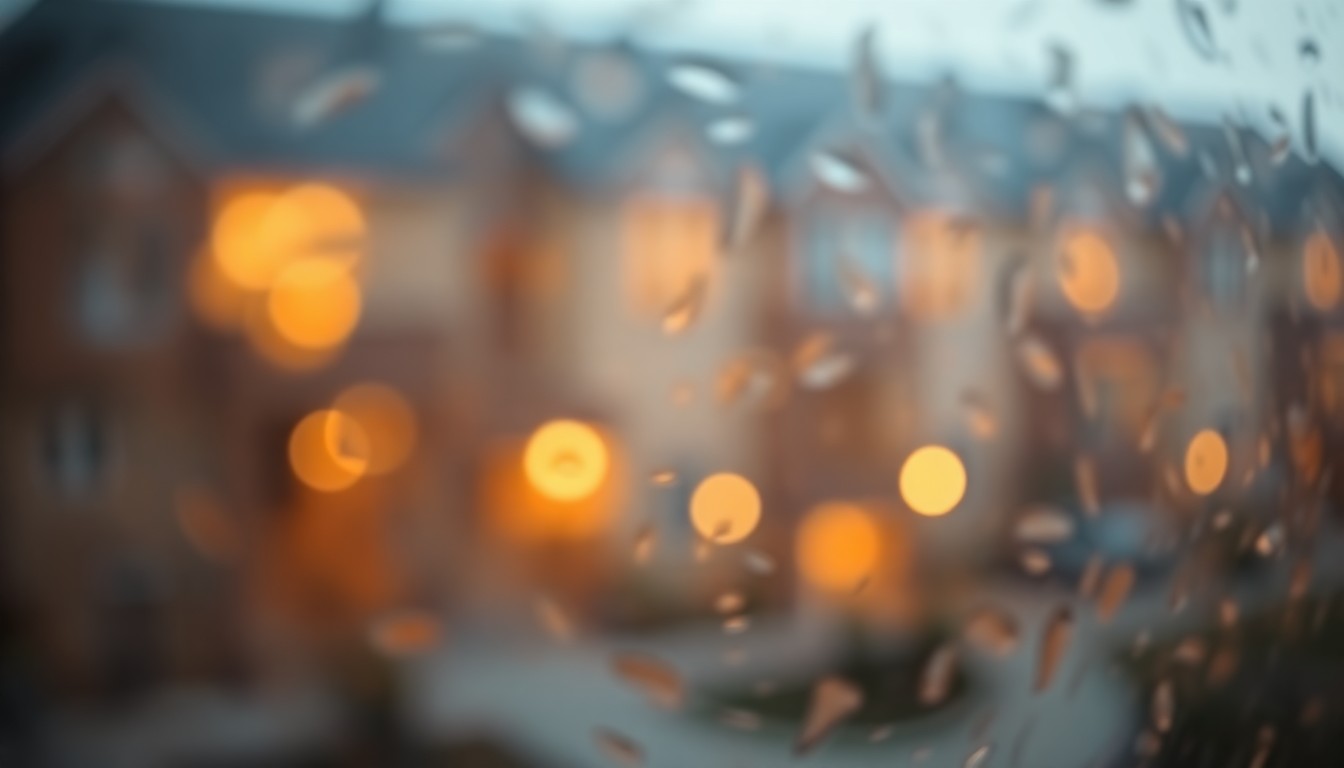 An abstract, impressionistic photograph of a blurred, softly-lit residential scene, conveying a sense of warmth, community, and new beginnings.