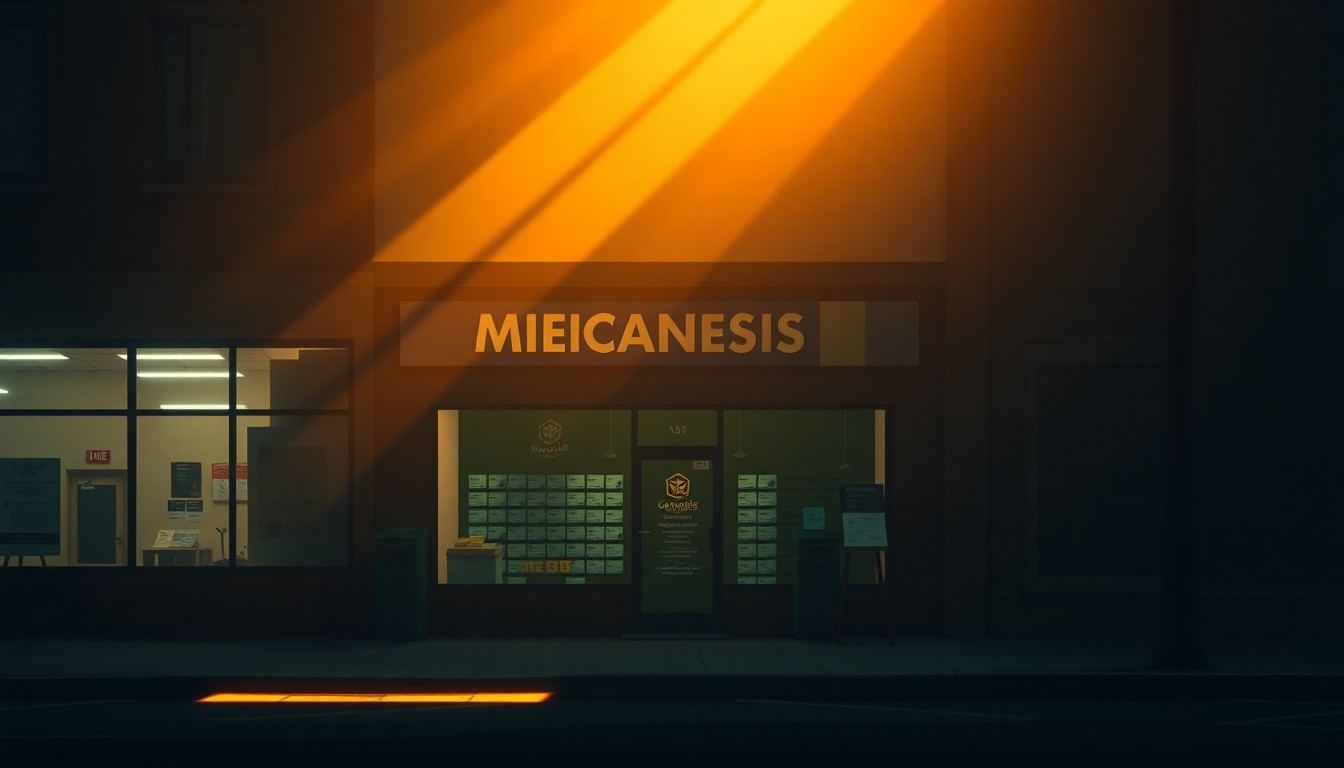 A photorealistic painting of a medical cannabis dispensary storefront in a warm, urban setting, with the building's facade and signage partially obscured by deep shadows, conveying a sense of uncertainty and tension.