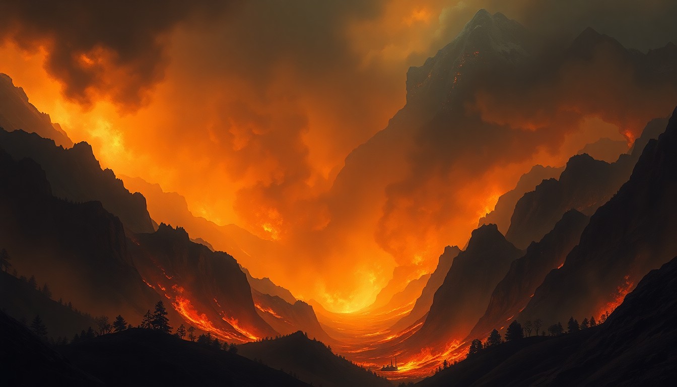 A sweeping, atmospheric landscape painting depicting a massive wildfire raging across a mountainous terrain, the flames and smoke dwarfing any physical structures or objects in the scene and conveying the raw, overwhelming power of the natural disaster.