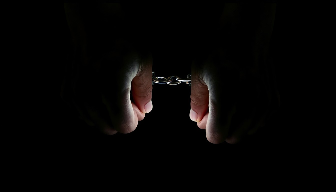 An extreme close-up of a pair of handcuffed hands against a stark black background, conceptually illustrating the challenges of managing violent offenders in the criminal justice system.