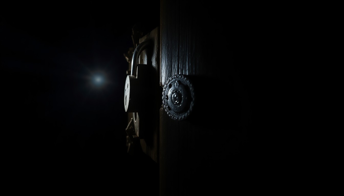 An extreme close-up photograph of a broken lock or damaged door frame, conceptually illustrating the aftermath of a home burglary.