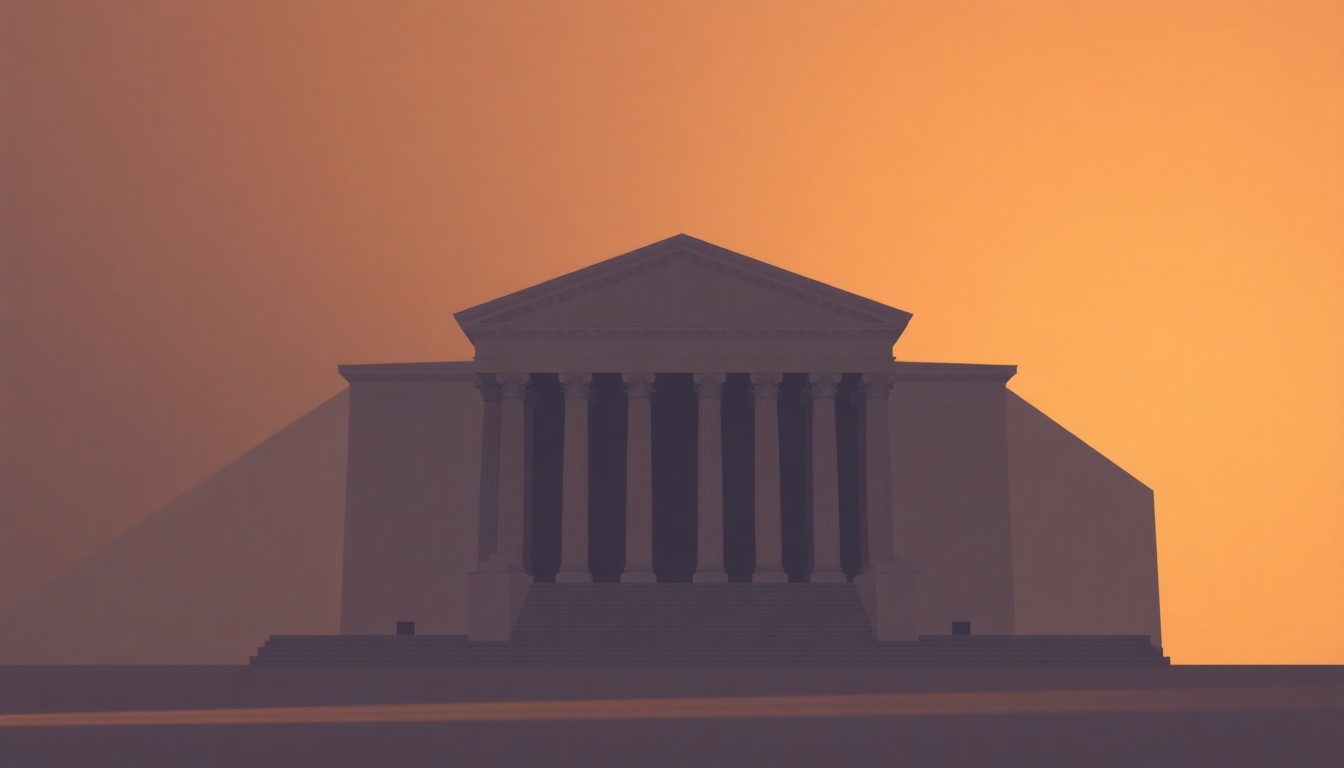 A photorealistic painting of an empty government building with warm, dramatic lighting and deep shadows, conveying a sense of contemplation about the justice system.