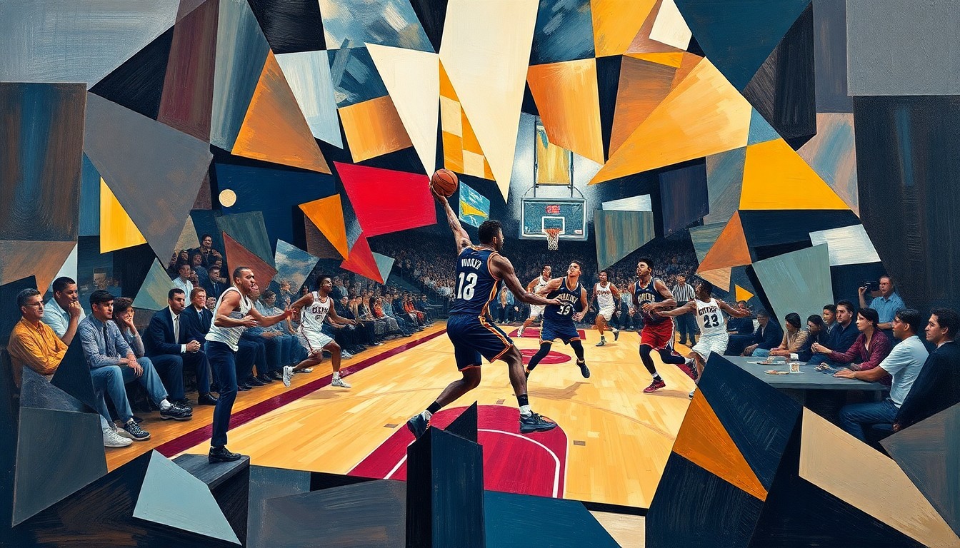 A cubist-style painting depicting the action and intensity of a basketball game between the Cleveland Cavaliers and Atlanta Hawks, with sharp geometric shapes and planes representing the players' movements and the competitive nature of the contest.