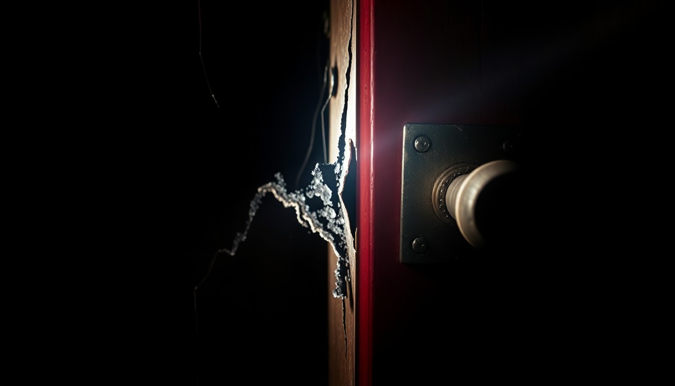 An extreme close-up photograph of a damaged door frame, capturing the harsh, gritty aftermath of a home burglary in stark detail.