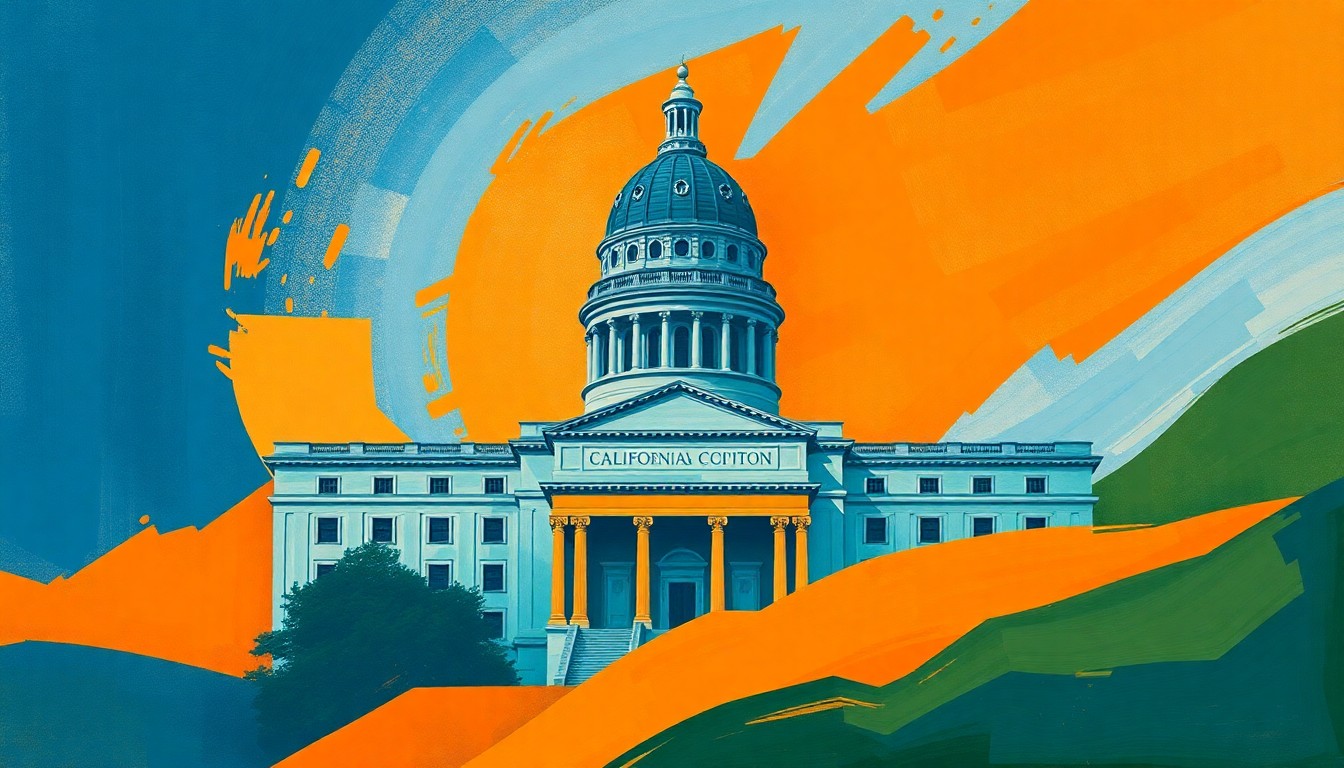 A dynamic, abstract painting featuring overlapping, fractured geometric shapes in shades of blue, orange, and green, conceptually representing the tumultuous political landscape in California.