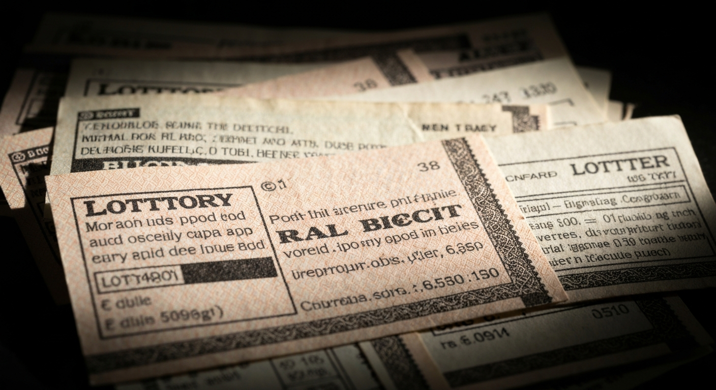 An extreme close-up photograph of a stack of lottery tickets, their crumpled edges and worn textures conveying the physical nature of the lottery system as a metaphor for the low probability of winning.