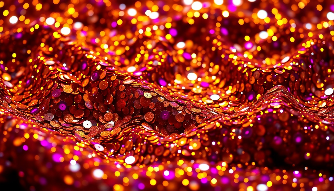 An extreme close-up photograph of shimmering, glittering sequins in a variety of vibrant colors, capturing the luxurious, high-fashion aesthetic of the music industry.