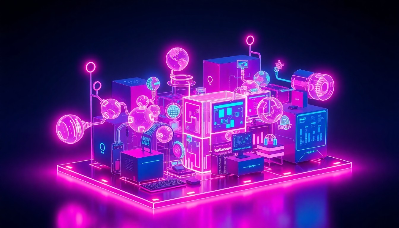 A highly detailed, 3D illustration of a glowing, neon-lit digital twin model, representing the interconnected data and insights that power Trinity's new InsightsEDGE platform. The model features recognizable elements of life sciences technology, such as molecular structures and data visualization interfaces, all illuminated by vibrant cyan and magenta lights.