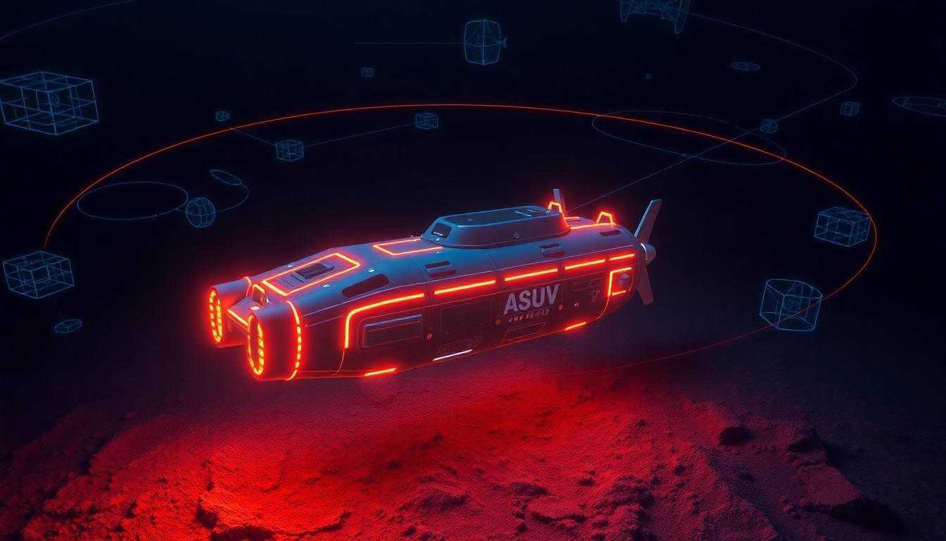 A highly detailed 3D illustration of a glowing, neon-lit autonomous underwater vehicle equipped with advanced sensors, floating above a dimly lit seafloor and surrounded by swirling data visualizations, conceptually representing the advanced mapping capabilities of Terradepth's Absolute Ocean system.
