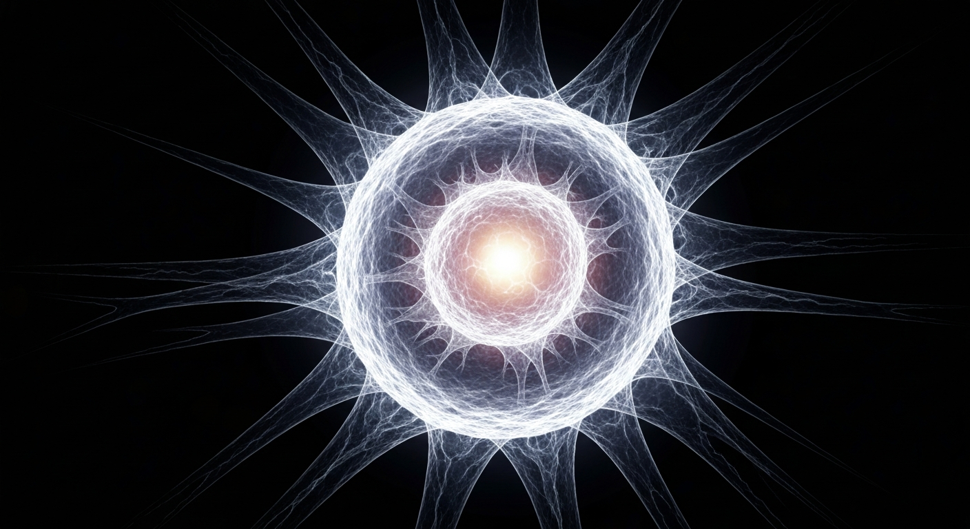 A translucent, ghostly X-ray photograph revealing the intricate structure of a microscopic cancer cell, glowing with an inner light against a dark background, conceptually representing the complex biological mechanisms behind cancer.