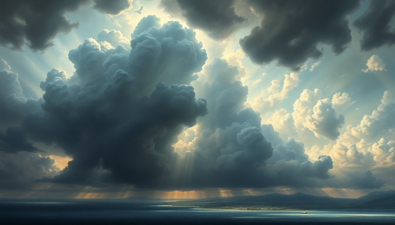 A sweeping, atmospheric landscape painting in muted tones of grey, blue, and gold, with dramatic storm clouds and beams of light breaking through, dwarfing a small town in the distance, conceptually representing the power and scale of an impending hurricane season.