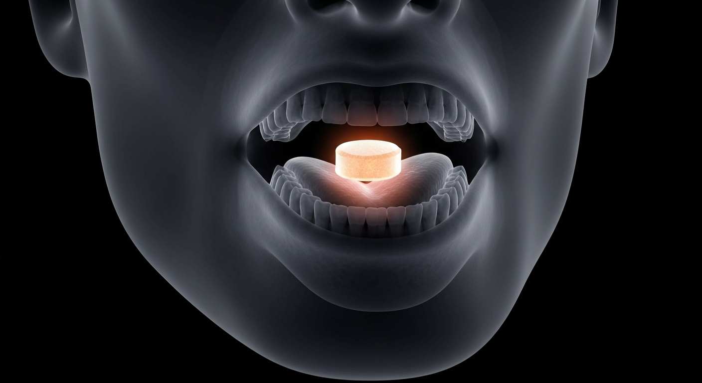 An extreme close-up X-ray photograph showing the internal structure of an open human mouth with a translucent, glowing tablet dissolving on the tongue, conceptually representing an innovative oral drug formulation.