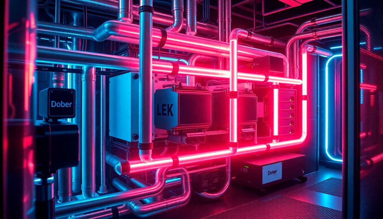 A highly detailed, glowing 3D illustration of a complex data center cooling system, with intricate pipes, heat exchangers, and other components illuminated by neon cyan and magenta lights, conceptually representing advanced, high-tech infrastructure.