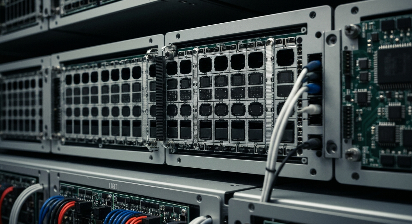 An extreme close-up of a complex circuit board with intricate copper traces and electronic components, conveying the technical complexity and physicality of the communications equipment that powers today's digital networks.