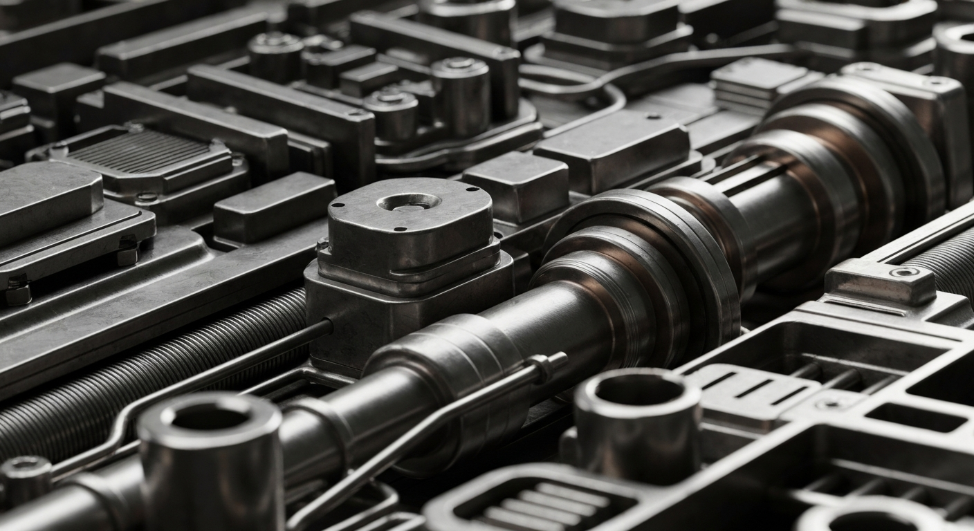 A highly detailed, textured image of complex pharmaceutical manufacturing equipment and machinery, conveying the technical sophistication and industrial scale of the biotech industry.