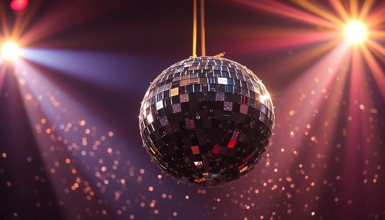An abstract close-up photograph of shimmering, reflective stage lights bouncing off the jagged, glittering surface of a broken disco ball, creating a high-contrast, glamorous visual metaphor for the energy and excitement of a major country music concert.
