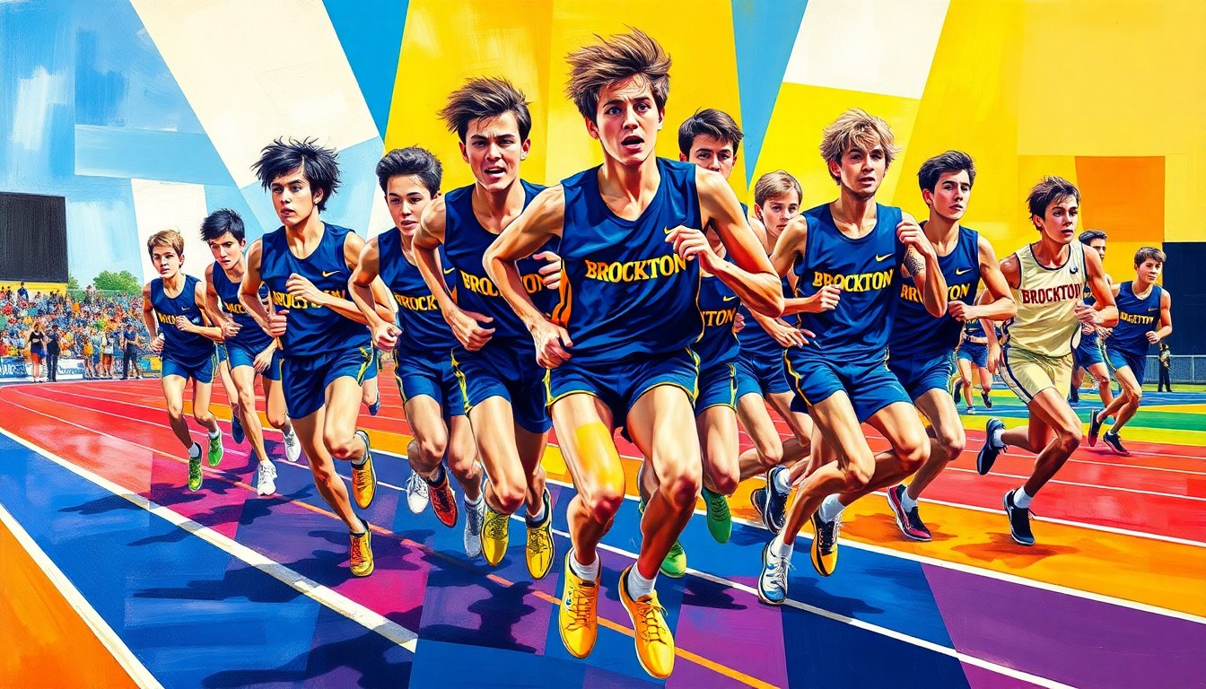 A cubist, geometric painting depicting a high school track and field competition, with sharp, overlapping planes of color representing the athletes and movement on the field.