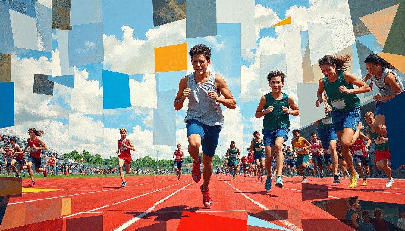 A fragmented, geometric painting depicting the dynamic motion and energy of a high school track and field competition, with overlapping planes of color and form but no recognizable figures or text.