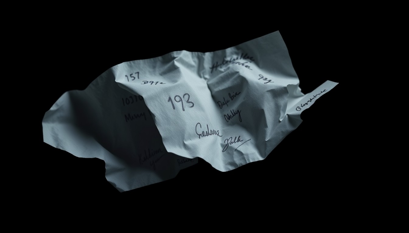 An extreme close-up of a crumpled paper document with handwritten numbers and signatures, conceptually illustrating the financial fraud at the center of this case.