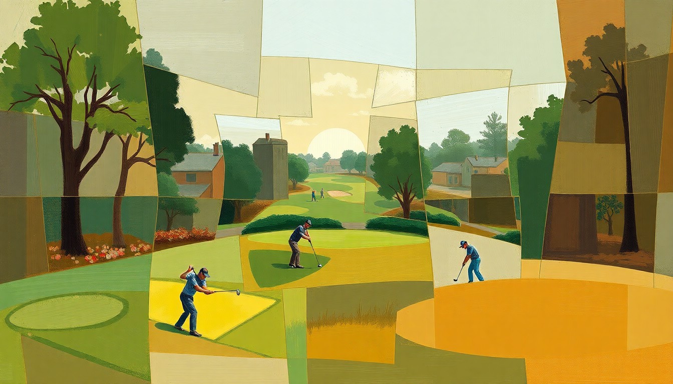 A cubist, geometric painting depicting a high school golf match, with overlapping planes of green, brown, and gray representing the players, clubs, and course elements in an abstract, fragmented style.