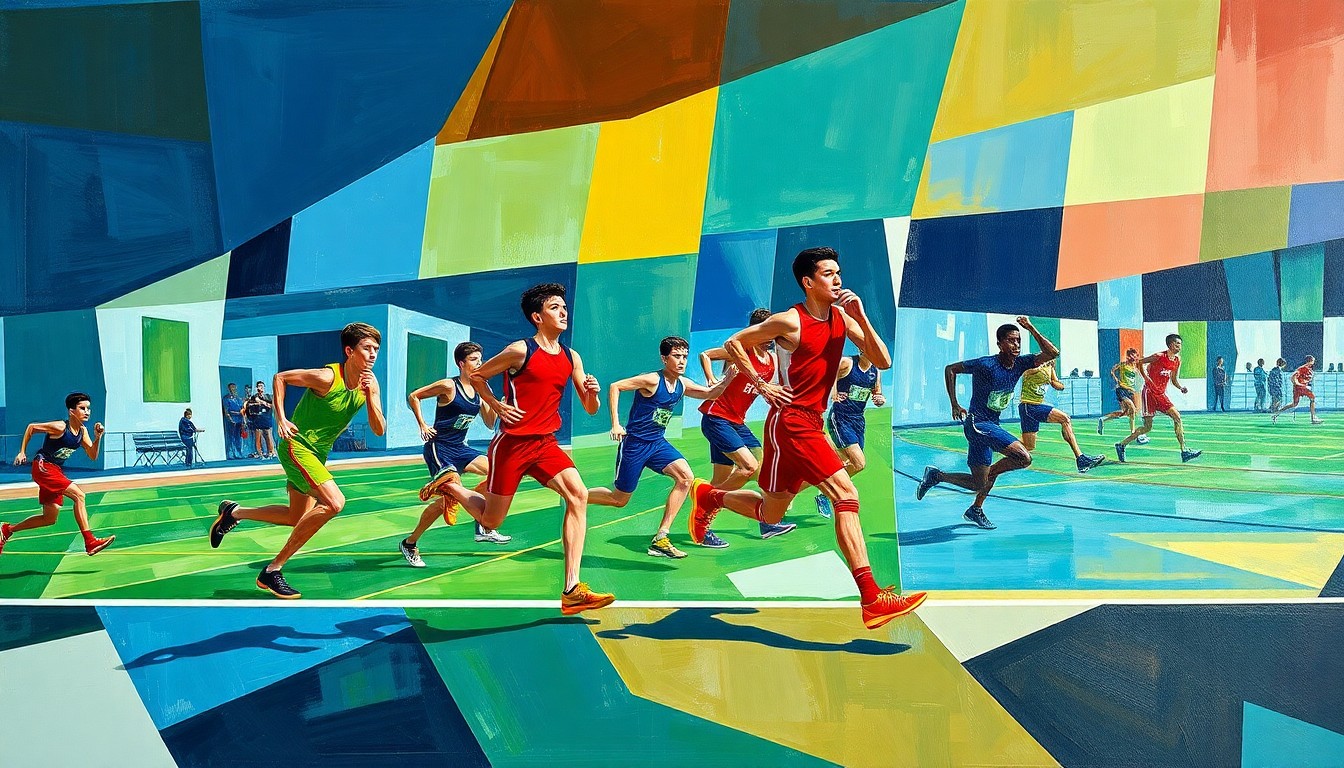 A fractured, cubist-style painting depicting abstract shapes and forms representing high school track and field athletes in motion, with overlapping geometric planes in a vibrant color palette of blues, greens, and reds.