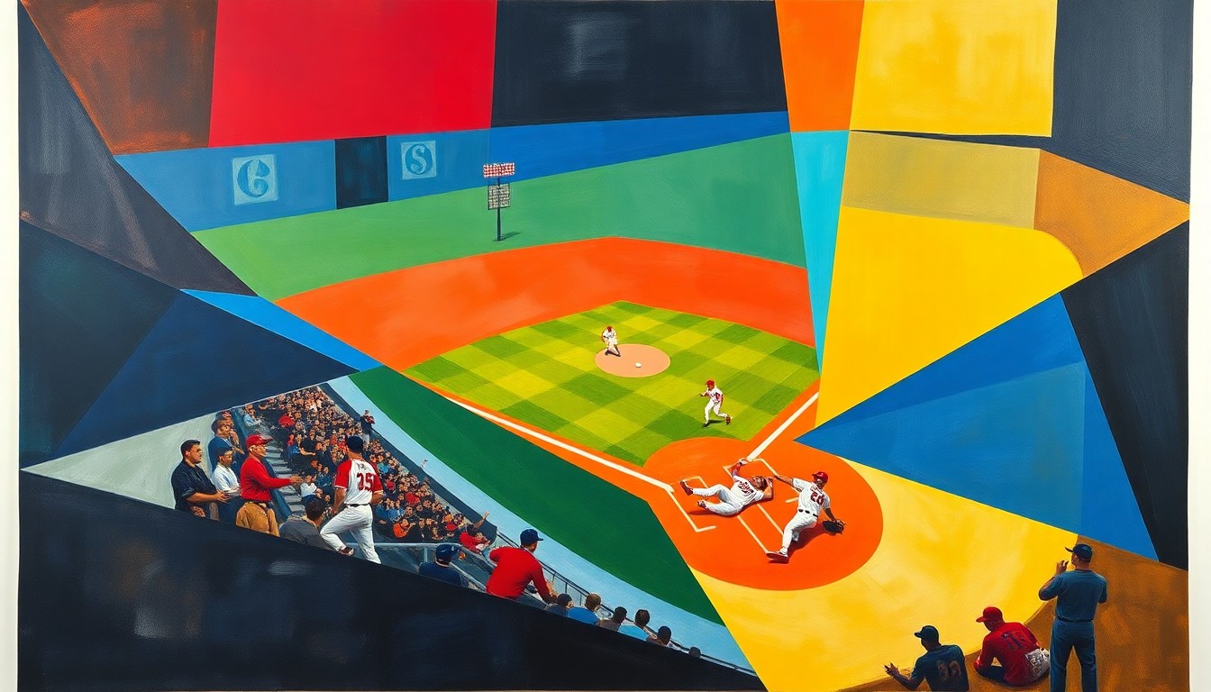 A cubist, geometric painting depicting an abstracted baseball game between the St. Louis Cardinals and Washington Nationals, with the players' movements and the field of play broken down into sharp, overlapping shapes in a vibrant color palette.